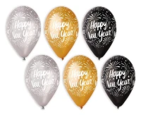 Balloons Gemar 12", happy new year, metallic gold, silver and black, 25pcs